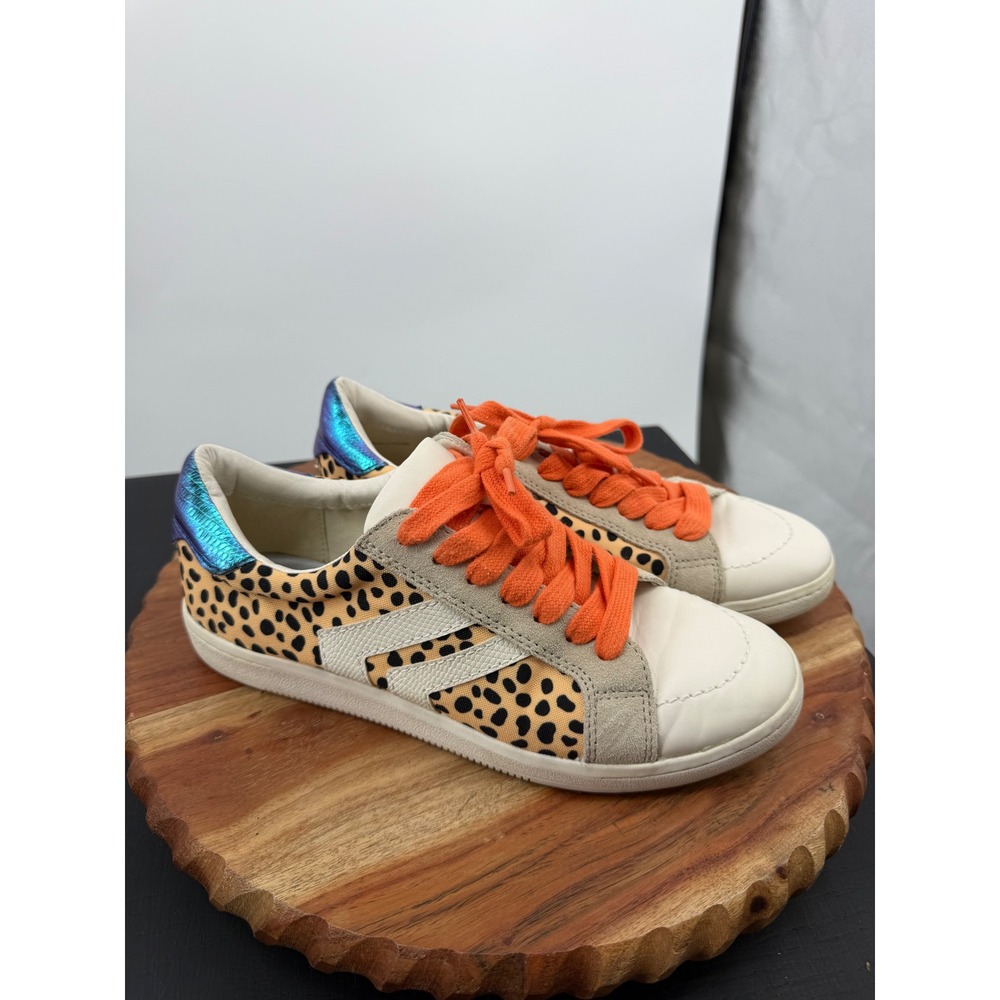 Dolce Vita Zina Sneakers Womens 8 Tan Leopard Print Orange Laces Iridescent Heel